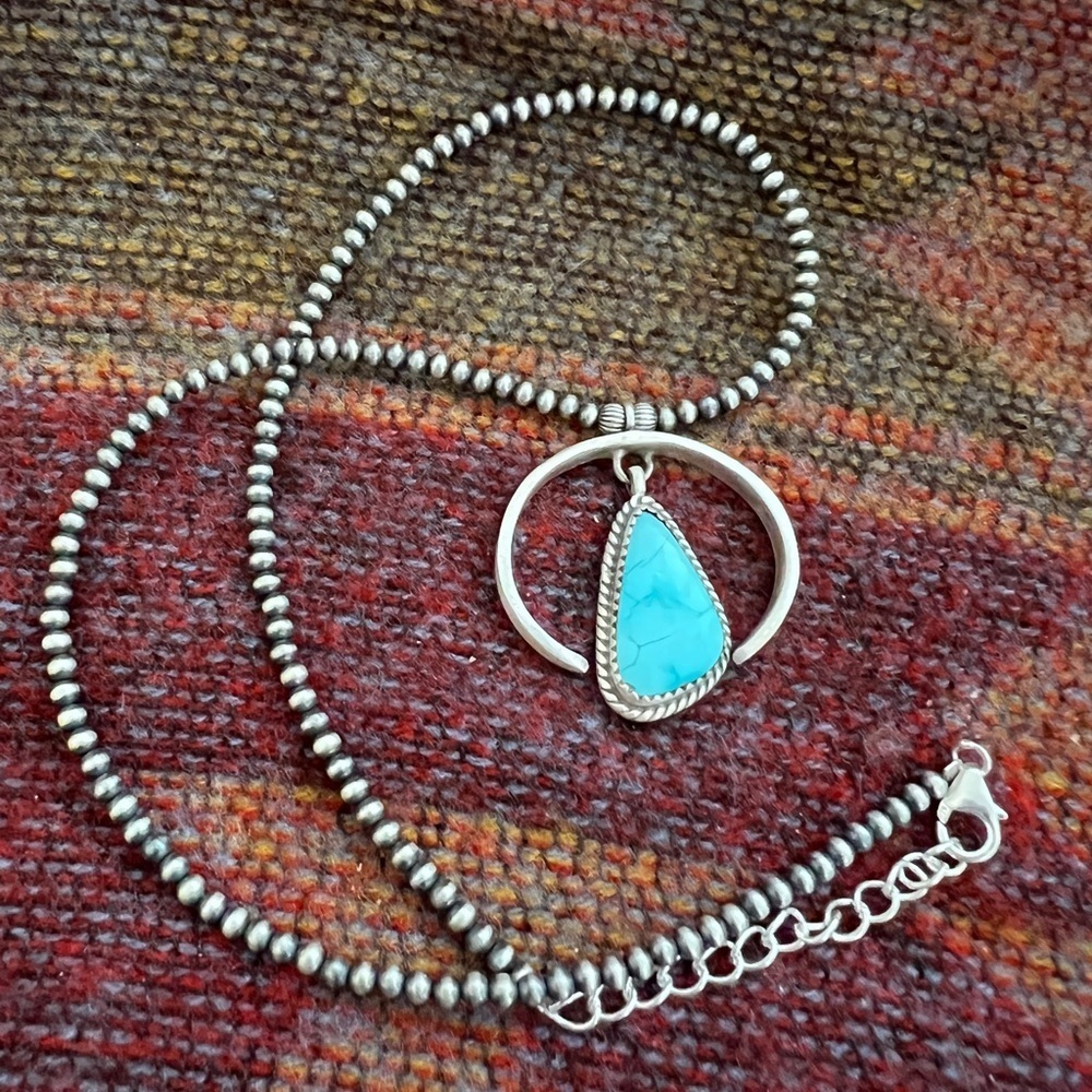 ❤️ 3mm 925 Desert Pearl Necklace w Blue Ridge Turquoise Pendant Native USA 18+2”
